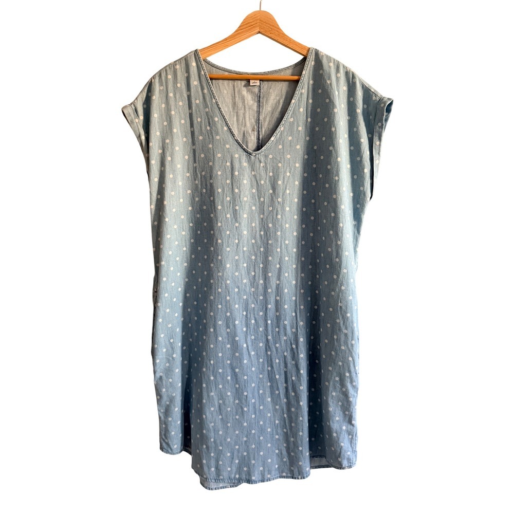 Old Navy Blue Polka Dot Chambray Button Back Shift Dress Pockets Sz L - Picture 11 of 14